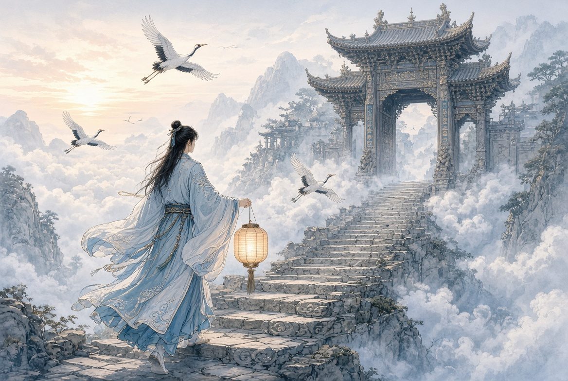 青云弟子提灯踏上云阶，走向山门，对应第一次连接