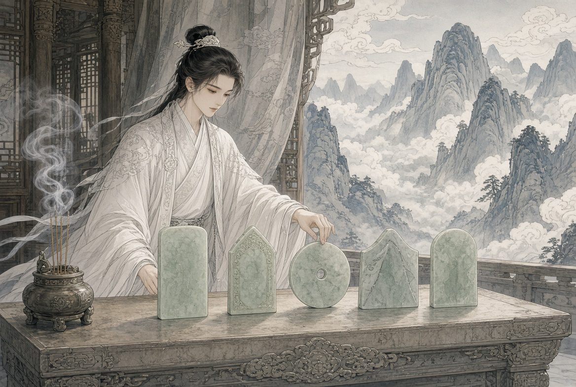 白衣修士对照五块形状不同的玉简,对应选线五件事