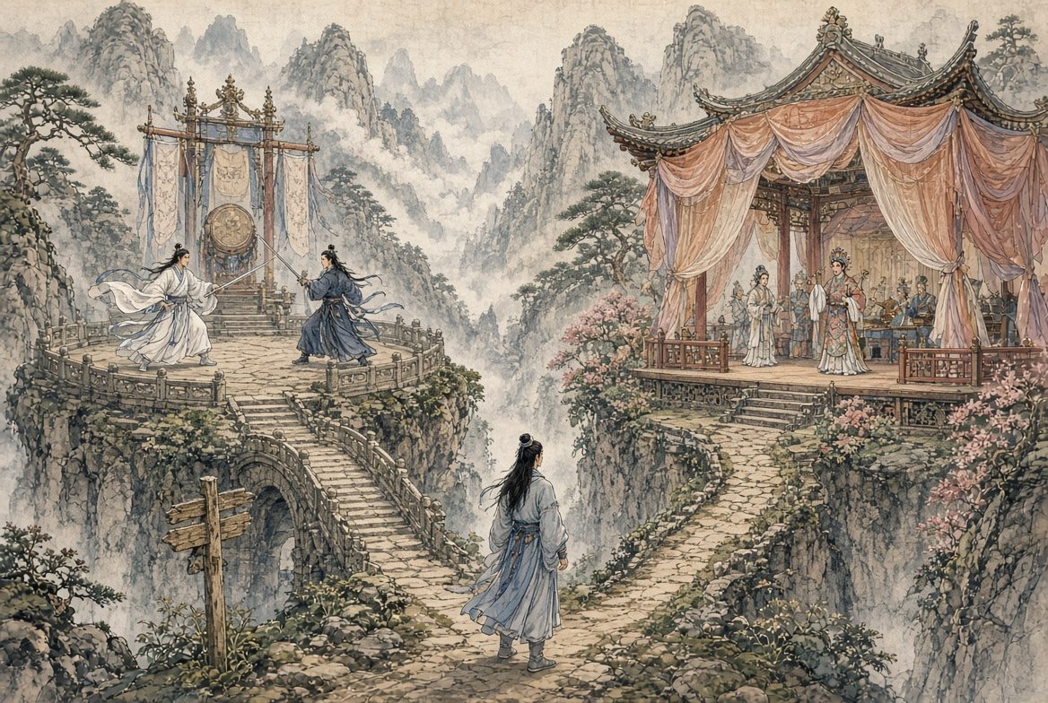 左边比剑、右边看戏,两条路分开,对应排位和看片分流