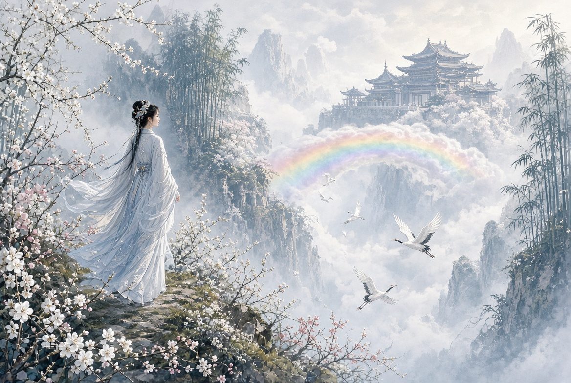 青衣人沿梅花山脊走向虹桥与竹峰殿宇