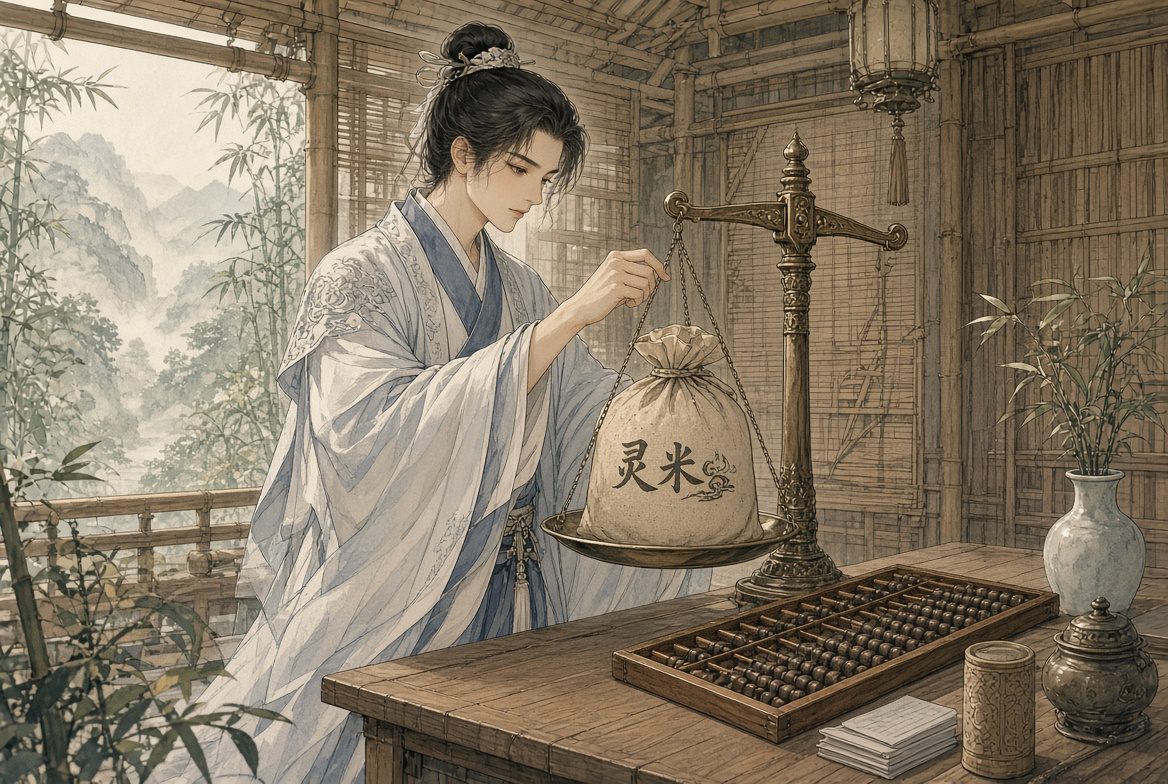 弟子用秤核对一袋灵米,对应倍率核对
