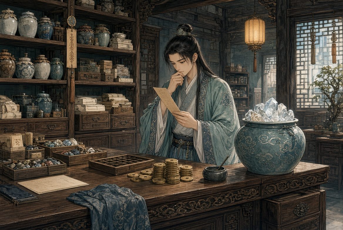 铜钱已付,灵石缸未变,店员核对单据,对应付款未到账