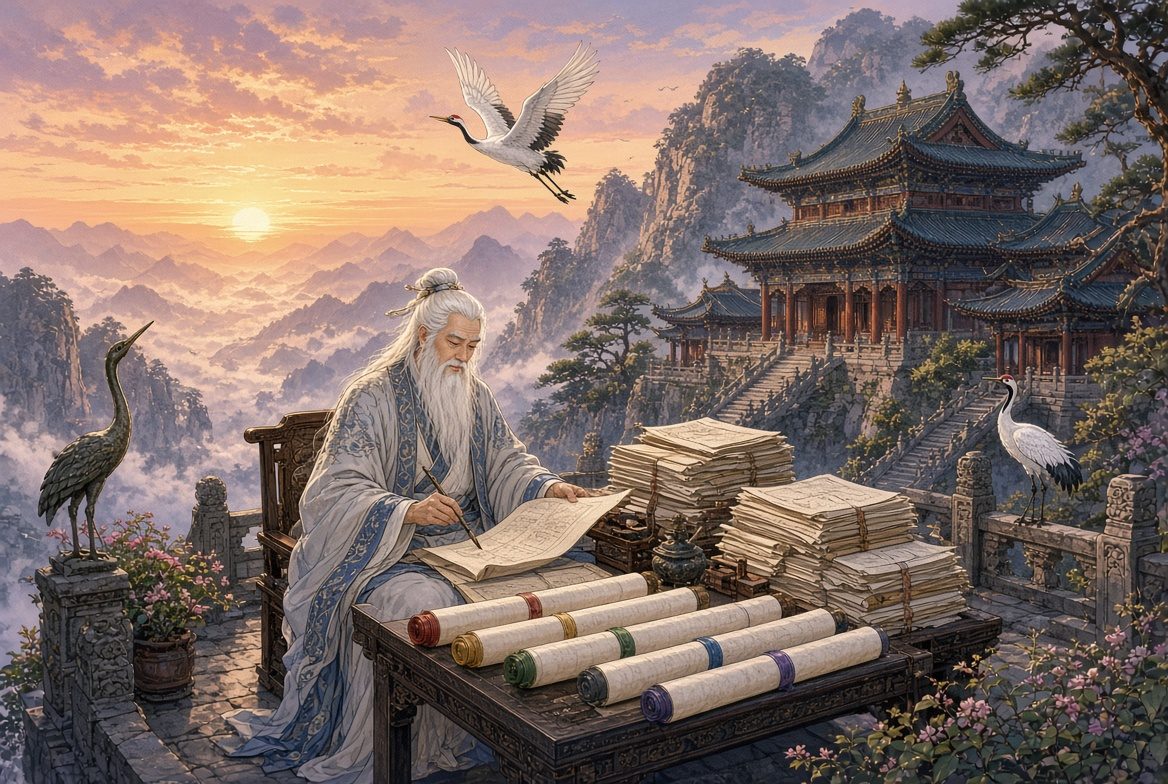 白发长老在崖上批阅五年卷宗，对应 2026 测评