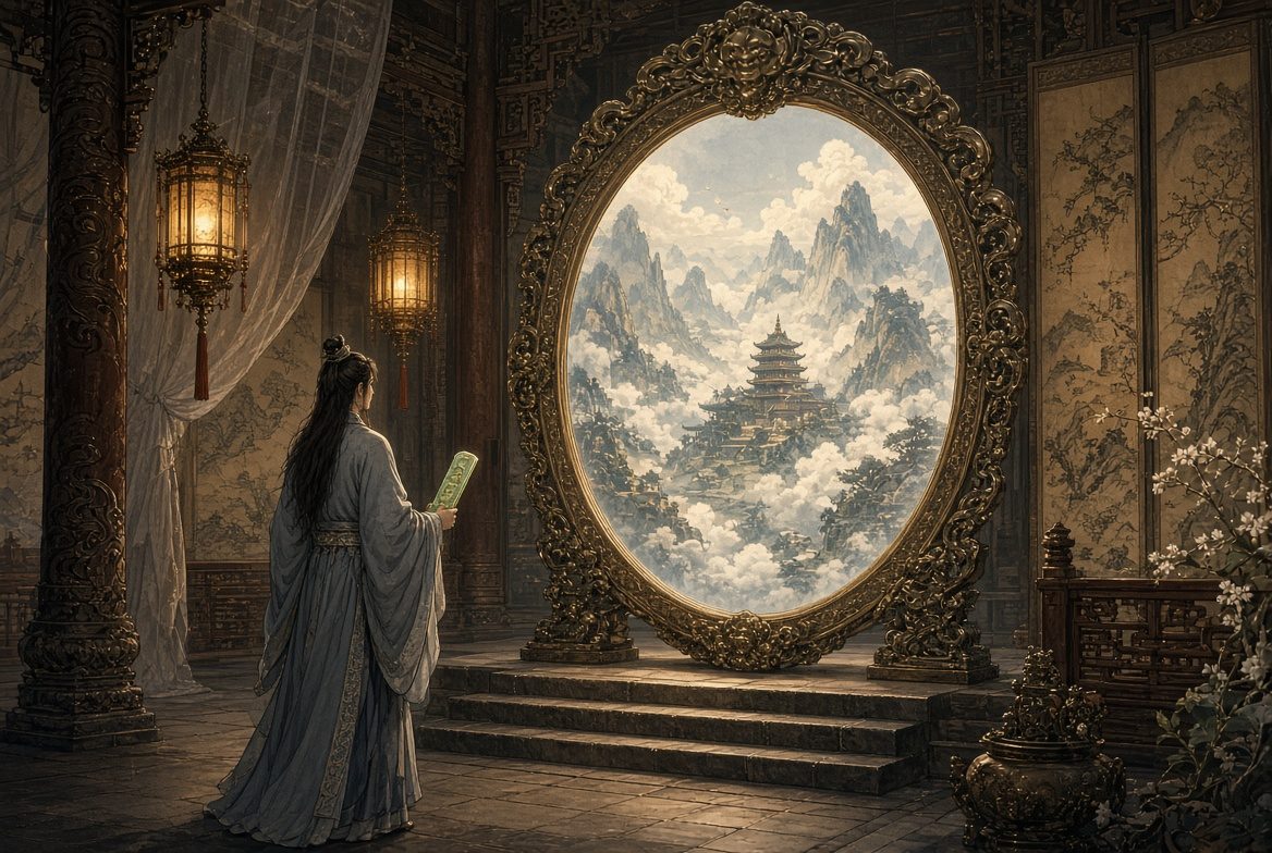 殿中铜镜只设三级石阶,对应电视盒子三步